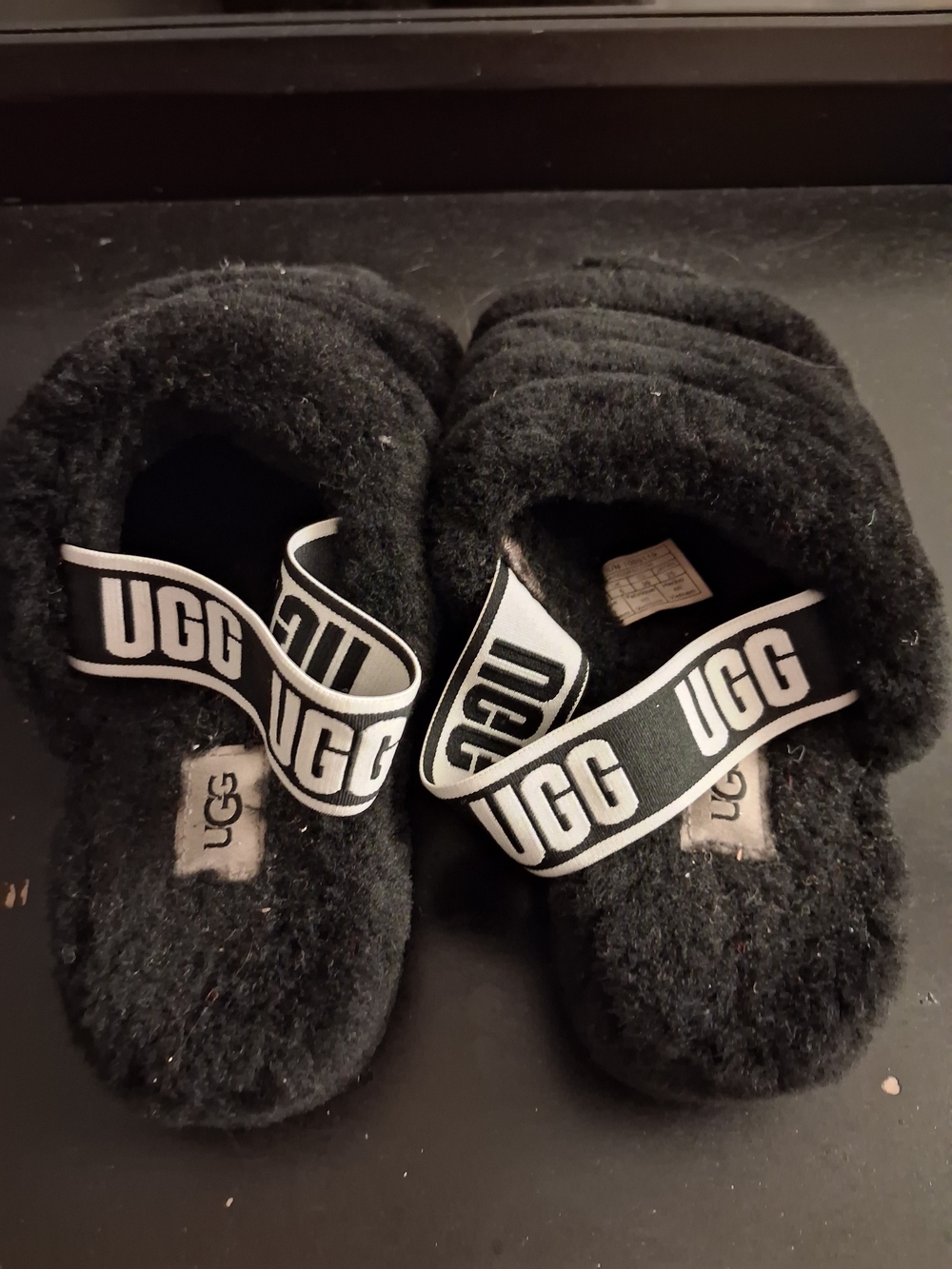 UGG Kids Black Fuzz Sandals with Branded Strap